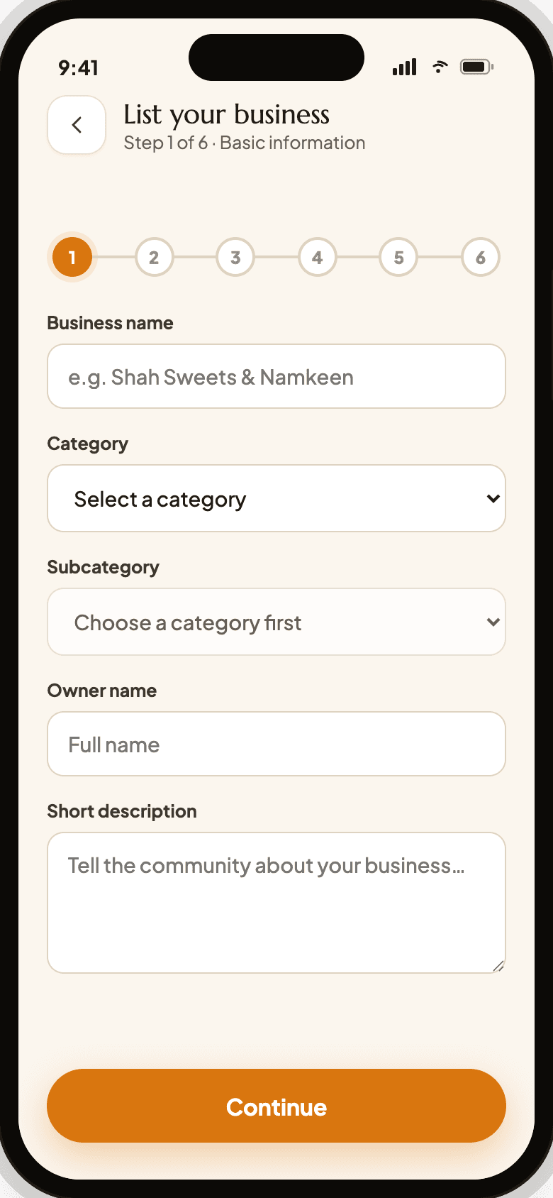 Add a business screen